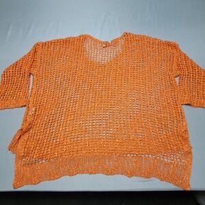 Paradise USA Crochet Knit Top Women Medium Orange Open Weave V-Neck Acrylic Boho